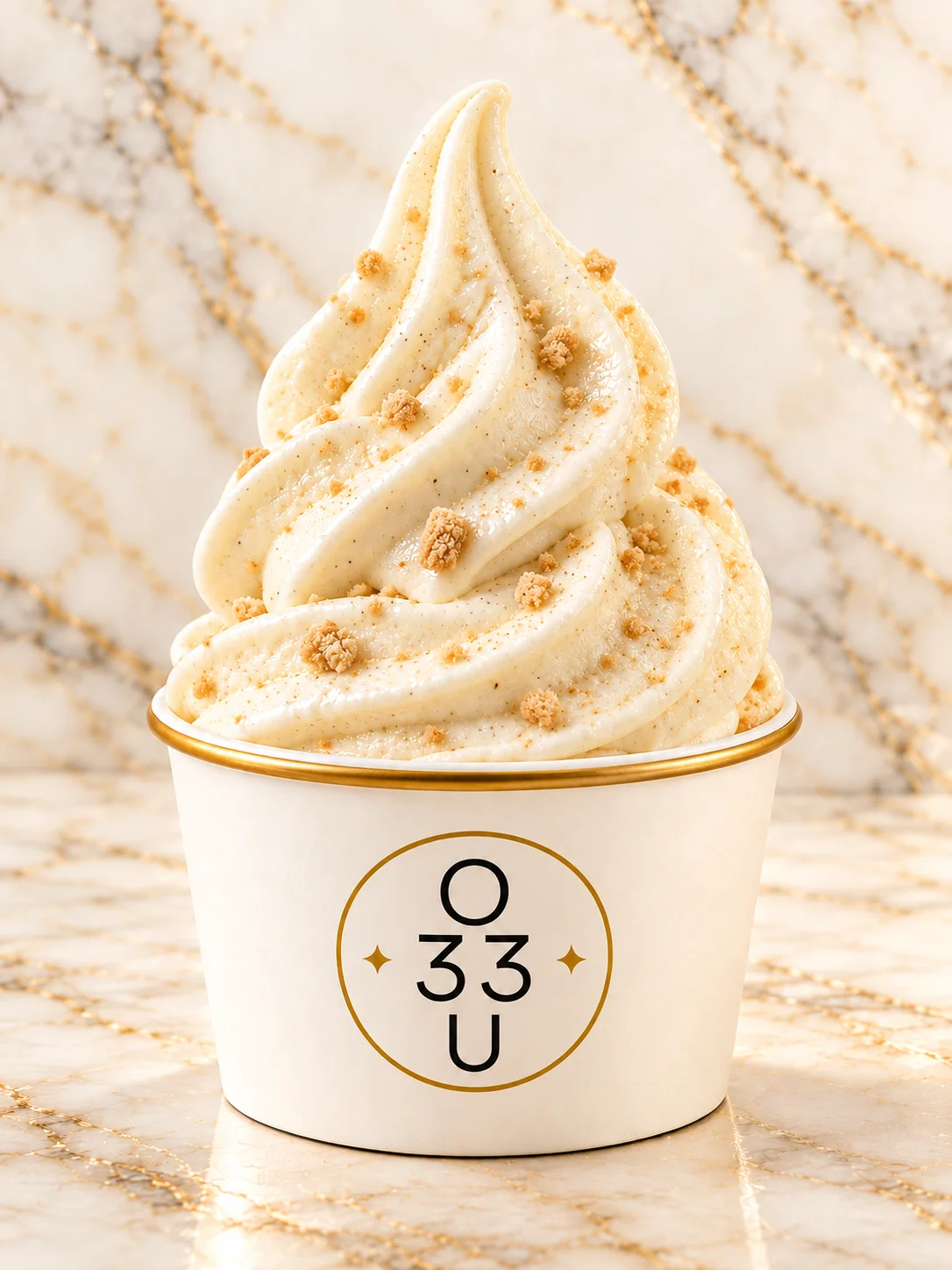 O33U vanilla camel milk soft-serve gelato with maamoul crumble