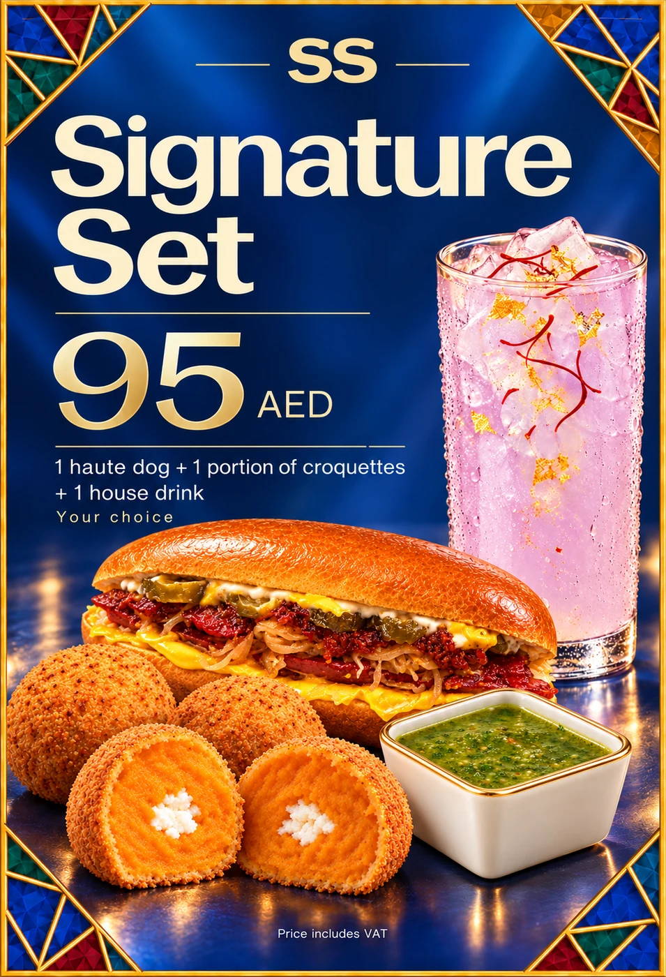 Signature Set: 1 hot dog, 1 croquettes portion, 1 signature drink