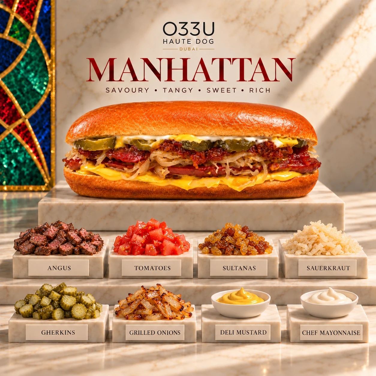 Original O33U Manhattan haute dog artwork, a New York-style Angus beef hot dog