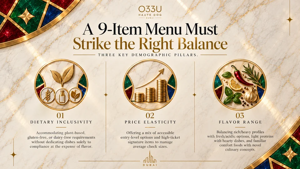 A 9-Item Menu Must Strike the Right Balance: dietary inclusivity, price elasticity and flavour range.