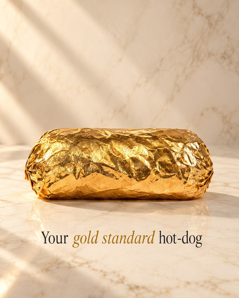 Gold-wrapped O33U hot dog on marble. Your gold standard hot dog.