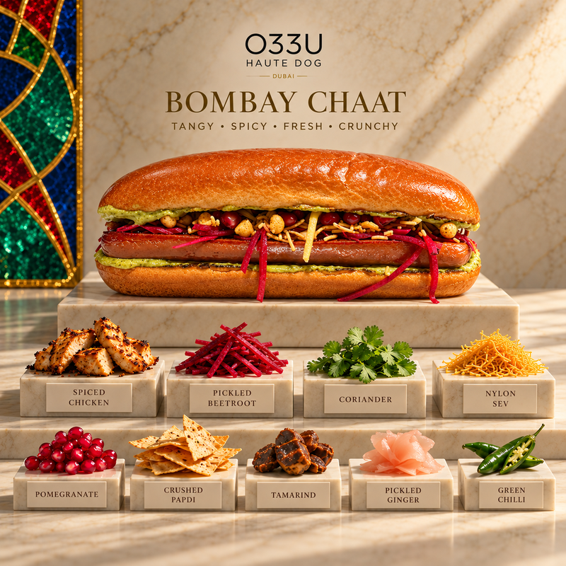 Original O33U Bombay Chaat haute dog artwork, a Indian street-food chicken hot dog